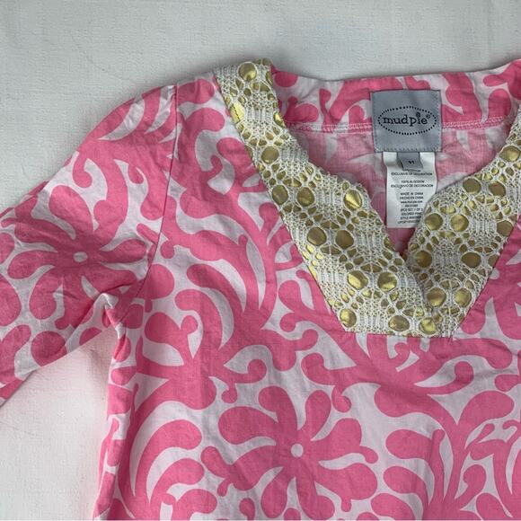 Mud Pie girls size 5t Pink Dress with Gold Accents lilly pink white fish beach n - Picture 4 of 7